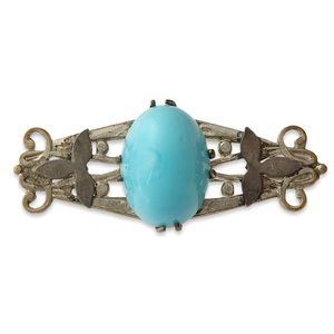 Antique Turquoise Glass Brooch High Dome Bullet Cabochon Sterling / Silver Tone